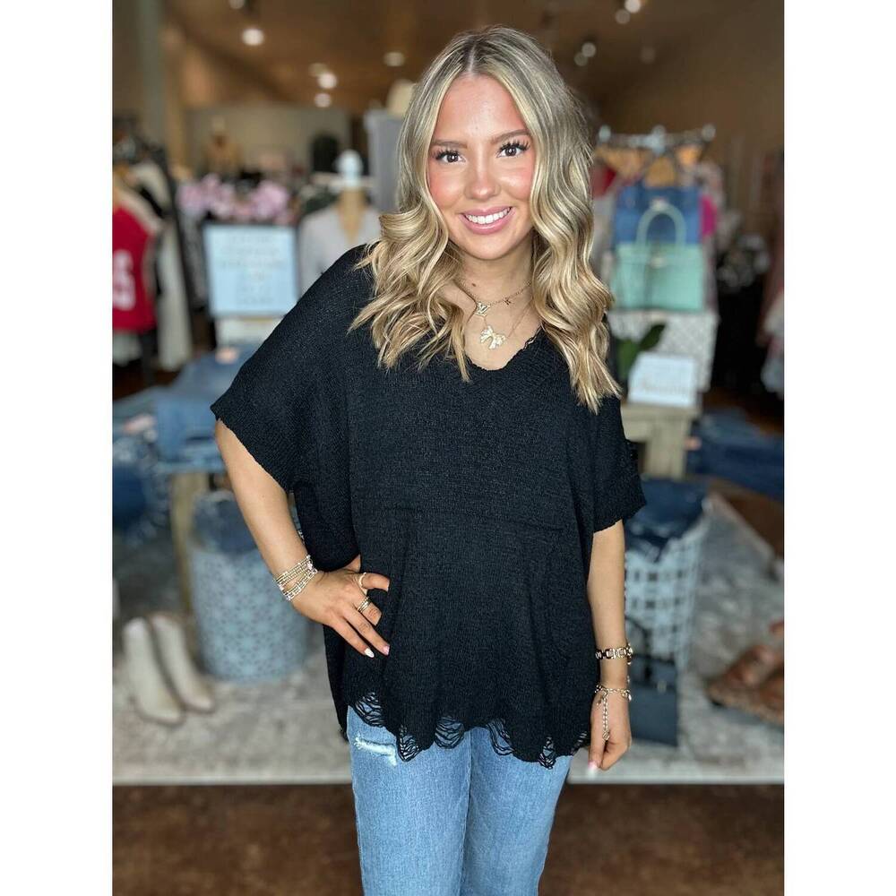 NEW BIBI distressed sweater top with front pocket in black